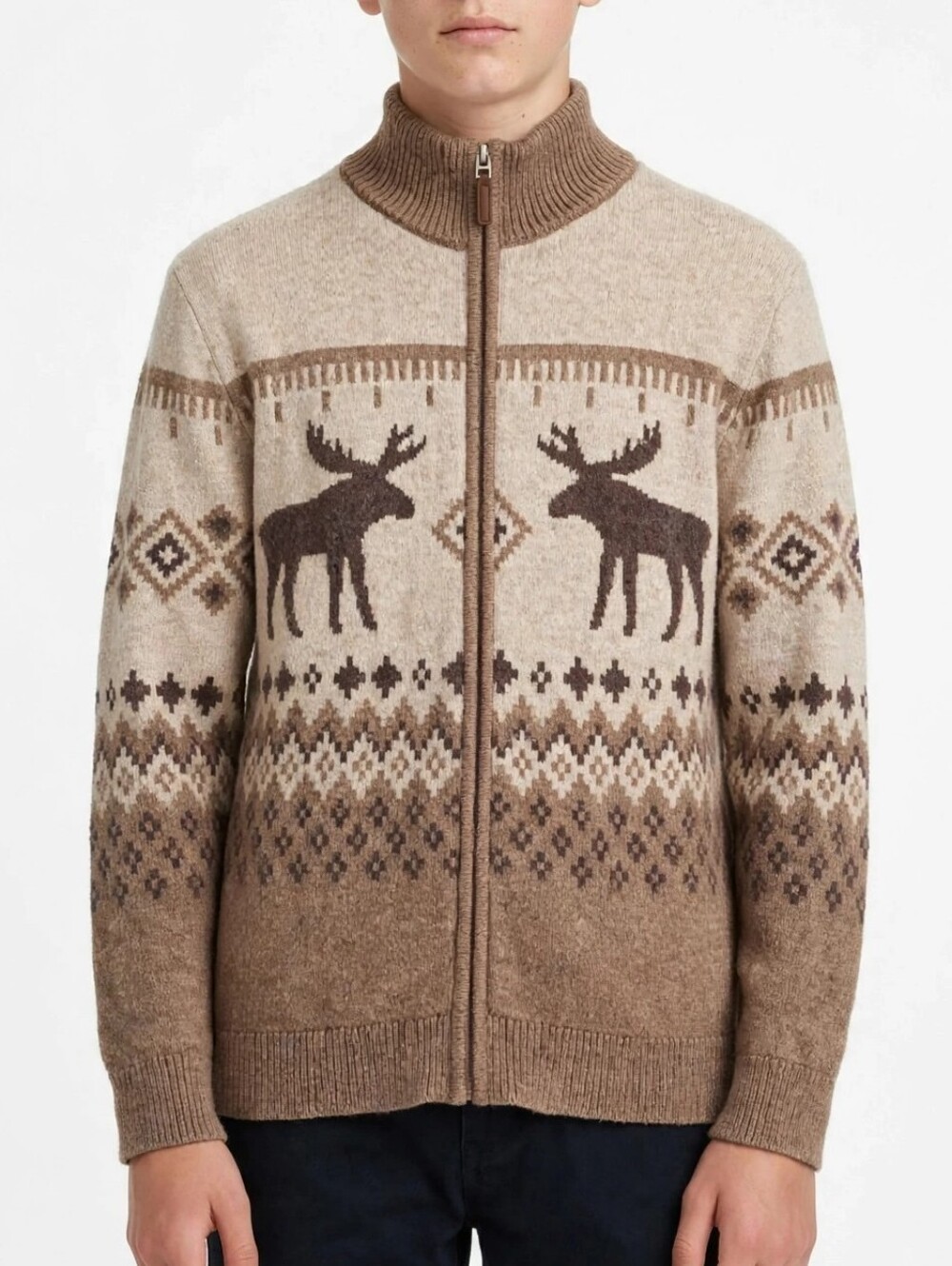Thereabouts Boys Full Zip Fair Isle Moose Sweater Large 14-16 Beige Brown Knit